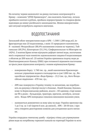 30
На початку червня монополіст на ринку поставок електроенергії в
Криму – компанія “ДТЕК Крименерго”, яка належить Ахметову, почала
приймати платежі в рублях, пройшла перереєстрацію та створила філію
відповідно до вимог російського законодавства. Шляхи використання
цієї ситуації потребують окремого вивчення.
Водопостачання
Загальний обсяг використання води в АРК – 1.500-1.200 млрд.м3, ін-
фраструктура має 23 водосховища, з яких 15 природного наповнення,
8 – наливні: Феодосійське (80,4% наповнення станом на червень), Тай-
ганьське (69,3%), Білогорське (51,1%), Сімферопольське та Міжгорне на
(42%). З жовтня Крим почив відчувати дефіцит питної води, постачання
якої в нормальні часи повністю задовольнялися завдяки 8 водосховищам
з обсягом до 200 млн.м3. 25 квітня Україна припинила подачу води до
Північнокримського Каналу (ПКК) при готовності відновити постачання
за трьох умов підписання контракту з новим керівництвом Криму:
-	 повернення боргу 1.740 тис. гр., який накопичили Краснопере-
копське управління водного господарства в сумі 1200 тис. гр., Фе-
одосійське підприємство «Вода Криму» - 21,5 тис. гр., його Феодо-
сійське відділення – 470 тис. гр.;
-	 АРК має повернути в Україну техніку та механізми, що перебува-
ють на рахунку в Центрі послуг в Каховці , Новій Каховці, Каховсь-
кому та Бериславському районах, всього – 83 одиниці, старі маши-
ни 90-х років – бульдозери, трактори, причепи, автобуси, легкові
авто. Влада АРК попередньо схвалила виконання вказаних умов;
-	 залишається домовитися за нову ціну на воду: Україна пропонує від
1 до 3 гр. за 1 м3 (проти 6 коп. до анексії), АРК – 20-50 коп. і про-
сить створити двосторонню комісію для узгодження цього питан-
ня.
Україна спорудила тимчасову дамбу - підпірну стінку для утримування
рівня води на потрібному горизонті каналів на території України та вста-
 