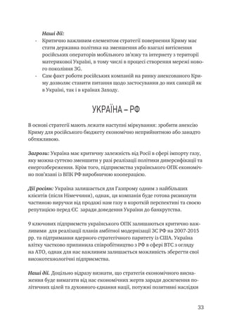 33
Наші дії:
-	 Критично важливим елементом стратегії повернення Криму має
стати державна політика на зменшення або взагалі витіснення
російських операторів мобільного зв’язку та інтернету з території
материкової Україні, в тому числі в процесі створення мережі ново-
го покоління 3G.
-	 Сам факт роботи російських компаній на ринку анексованого Кри-
му дозволяє ставити питання щодо застосування до них санкцій як
в Україні, так і в країнах Заходу.
Україна – РФ
В основі стратегії мають лежати наступні міркування: зробити анексію
Криму для російського бюджету економічно неприйнятною або занадто
обтяжливою.
Загрози: Україна має критичну залежність від Росії в сфері імпорту газу,
яку можна суттєво зменшити у разі реалізації політики диверсифікації та
енергозбереження. Крім того, підприємства українського ОПК економіч-
но пов’язані із ВПК РФ виробничою кооперацією.
Дії росіян: Україна залишається для Газпрому одним з найбільших
клієнтів (після Німеччини), однак, ця компанія буде готова ризикнути
частиною виручки від продажі нам газу в короткій перспективі та своєю
репутацією перед ЄС заради доведення України до банкрутства.
9 ключових підприємств українського ОПК залишаються критично важ-
ливими для реалізації планів амбітної модернізації ЗС РФ на 2007-2015
рр. та підтримання ядерного стратегічного паритету із США. Україна
влітку частково припинила співробітництво з РФ в сфері ВТС з огляду
на АТО, однак для нас важливим залишається можливість зберегти свої
високотехнологічні підприємства.
Наші дії. Доцільно відразу визнати, що стратегія економічного висна-
ження буде вимагати від нас економічних жертв заради досягнення по-
літичних цілей та духовного єднання нації, потужні позитивні наслідки
 