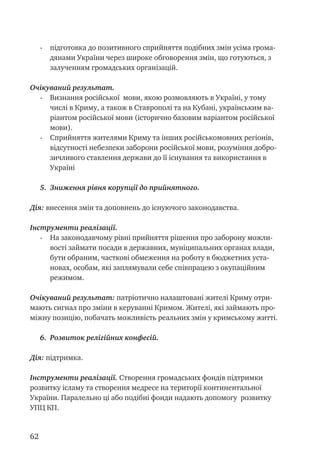62
- 	 підготовка до позитивного сприйняття подібних змін усіма грома-
дянами України через широке обговорення змін, що готуються, з
залученням громадських організацій.
Очікуваний результат.
- 	 Визнання російської мови, якою розмовляють в Україні, у тому
числі в Криму, а також в Ставрополі та на Кубані, українським ва-
ріантом російської мови (історично базовим варіантом російської
мови).
- 	 Сприйняття жителями Криму та інших російськомовних регіонів,
відсутності небезпеки заборони російської мови, розуміння добро-
зичливого ставлення держави до її існування та використання в
Україні
5.	 Зниження рівня корупції до прийнятного.
Дія: внесення змін та доповнень до існуючого законодавства.
Інструменти реалізації.
- 	 На законодавчому рівні прийняття рішення про заборону можли-
вості займати посади в державних, муніципальних органах влади,
бути обраним, часткові обмеження на роботу в бюджетних уста-
новах, особам, які заплямували себе співпрацею з окупаційним
режимом.
Очікуваний результат: патріотично налаштовані жителі Криму отри-
мають сигнал про зміни в керуванні Кримом. Жителі, які займають про-
міжну позицію, побачать можливість реальних змін у кримському житті.
6.	 Розвиток релігійних конфесій.
Дія: підтримка.
Інструменти реалізації. Створення громадських фондів підтримки
розвитку ісламу та створення медресе на території континентальної
України. Паралельно ці або подібні фонди надають допомогу розвитку
УПЦ КП.
 