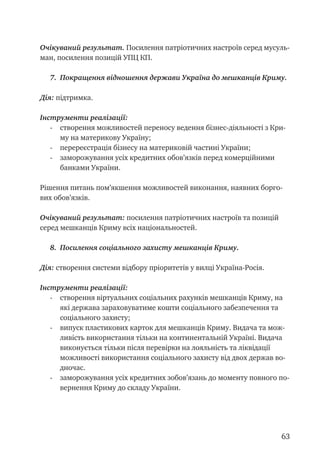 63
Очікуваний результат. Посилення патріотичних настроїв серед мусуль-
ман, посилення позицій УПЦ КП.
7.	 Покращення відношення держави Україна до мешканців Криму.
Дія: підтримка.
Інструменти реалізації:
- 	 створення можливостей переносу ведення бізнес-діяльності з Кри-
му на материкову Україну;
- 	 перереєстрація бізнесу на материковій частині України;
- 	 заморожування усіх кредитних обов’язків перед комерційними
банками України.
Рішення питань пом’якшення можливостей виконання, наявних борго-
вих обов’язків.
Очікуваний результат: посилення патріотичних настроїв та позицій
серед мешканців Криму всіх національностей.
8.	 Посилення соціального захисту мешканців Криму.
Дія: створення системи відбору пріоритетів у вилці Україна-Росія.
Інструменти реалізації:
- 	 створення віртуальних соціальних рахунків мешканців Криму, на
які держава зараховуватиме кошти соціального забезпечення та
соціального захисту;
- 	 випуск пластикових карток для мешканців Криму. Видача та мож-
ливість використання тільки на континентальній Україні. Видача
виконується тільки після перевірки на лояльність та ліквідації
можливості використання соціального захисту від двох держав во-
дночас.
- 	 заморожування усіх кредитних зобов’язань до моменту повного по-
вернення Криму до складу України.
 