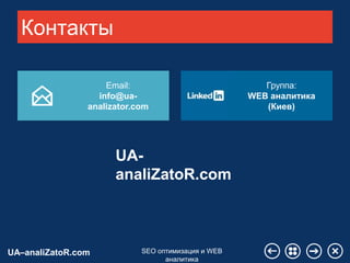 UA–analiZatoR.com SEO оптимизация и WEB
аналитика
Контакты
Email:
info@ua-
analizator.com
Группа:
WEB аналитика
(Киев)
UA-
analiZatoR.com
 