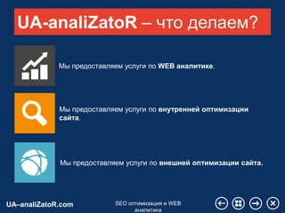 UA–analiZatoR.com SEO оптимизация и WEB
аналитика
UA-analiZatoR – что делаем?
Мы предоставляем услуги по WEB аналитике.
Мы предоставляем услуги по внутренней оптимизации
сайта.
Мы предоставляем услуги по внешней оптимизации сайта.
 
