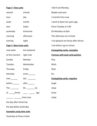 Page 7- Time units
second minute
hour day
week month
year today
yesterday tomorrow
morning afternoon
evening night
Page 7- More time units
next week the weekend
at this moment right now
Sunday Monday
Tuesday Wednesday
Thursday Friday
Saturday every ______
next ______ last _______
before ______ after ______
This _______ On _______ (s)
at _____(time) ____ _____ ago
______ _______ from now
the day after tomorrow
the day before yesterday
Examples using time units
Yesterday at three o'clock
I did it last Monday.
Maybe next year
3 months from now
I went to Spain ten years ago.
Every Tuesday at 3:30
On Mondays at 6pm
This afternoon at 4 o'clock
I am going to my house after dinner.
I eat before I go to school.
Conjugating verbs- examples
4 tenses with each verb-positive
Play
Work
Wait
Go
Conjugating verbs- negative
laugh
sleep
know
study
 