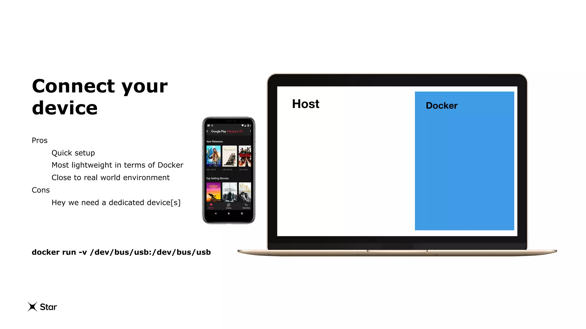 Connect your
device
Pros
Quick setup
Most lightweight in terms of Docker
Close to real world environment
Cons
Hey we need a dedicated device[s]
docker run -v /dev/bus/usb:/dev/bus/usb
DockerHost
 