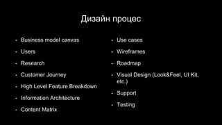 Дизайн процес
- Business model canvas
- Users
- Research
- Customer Journey
- High Level Feature Breakdown
- Information Architecture
- Content Matrix
- Use cases
- Wireframes
- Roadmap
- Visual Design (Look&Feel, UI Kit,
etc.)
- Support
- Testing
 