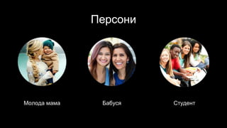 Персони
Молода мама Бабуся Студент
 