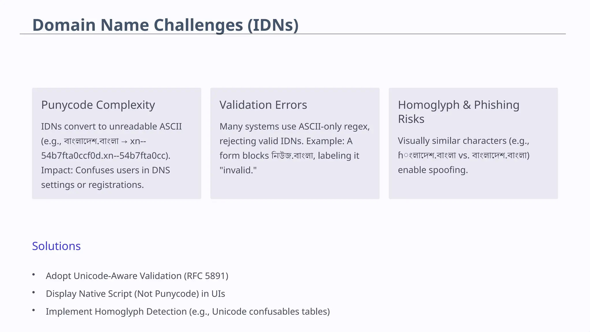 Domain Name Challenges (IDNs)
Punycode Complexity
IDNs convert to unreadable ASCII
(e.g., বাংলাদেশ.বাংলা → xn--
54b7fta0ccf0d.xn--54b7fta0cc).
Impact: Confuses users in DNS
settings or registrations.
Validation Errors
Many systems use ASCII-only regex,
rejecting valid IDNs. Example: A
form blocks নিউজ.বাংলা, labeling it
"invalid."
Homoglyph & Phishing
Risks
Visually similar characters (e.g.,
ɦংলাদেশ.বাংলা vs. বাংলাদেশ.বাংলা)
enable spoofing.
Solutions
• Adopt Unicode-Aware Validation (RFC 5891)
• Display Native Script (Not Punycode) in UIs
• Implement Homoglyph Detection (e.g., Unicode confusables tables)
 