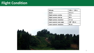 Flight Condition
Altitude 100 m – 120 m
Speed 3.8 m/s
Digital camera: overlap 70 %
Digital camera: side lap 50 %
Digital camera: resolution 3.7 cm
Laser scanner: scan angle 100°(50 m)
Laser scanner: resolution 30 cm
19
 
