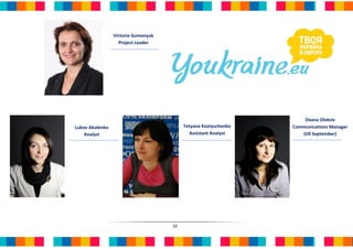 Victoria Gumenyuk
                   Project Leader




                                                                     Oxana Oleksiv
Lubov Akulenko                            Tetyana Kostyuchenko   Communications Manager
    Analyst                                 Assistant Analyst       (till September)




                                     10
 