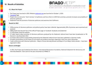 VI. Results of Activities

     4.1. About the Project

    • The Project was launched in 2010. Website vladometr.org was launched on October 1, 2010.
    • Facebook Page.
    • Project aims to overcome "short memory" of politicians and force them to fulfill their promises; promote increases accountability of
      Ukrainian politicians.
    • Vladometr finds the promises of Ukrainian politicians and examines their fulfillment.
     Results for 2012

    • 3700 promises of Ukrainian politicians and political parties have been collected. Approximately 20% of promises were examined and
      assessed.
    • 2400 people have become fans of the official Project page on Facebook: facebook.com/vladometr
    • 17,318 people visited the website.
    • 17 video reports about promises of Ukrainian politicians produced by the Vladometr editorial team have been broadcasted on TBi
      Channel in July-December 2012.
    • 12 articles about political responsibility prepared by the Vladometr editorial team have been published in Ukrainian media.
    • 10 public presentations of the Project for journalists and students have been organized in Kyiv from July to December.
    • 2 web conferences with Ukrainian politicians – Mayor of Sumy Gennady Minaev and Mayor of Lviv Mayor Andriy Garden – have been
      organized in 2012.
     Donors and Budget

      In 2012, the Project was funded by three Donors: International Renaissance Foundation, National Endowment for Democracy and
      Internews Network. Total costs for the year amounted to $ 49906.75.




                                                                  11
 