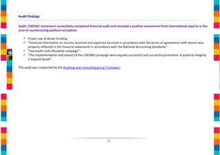 Audit findings

Audit: CHESNO movement successfully completed financial audit and received a positive assessment from international experts in the
area of counteracting political corruption:

    Proper use of donor funding.
    “Financial information on income received and expenses incurred in accordance with the terms of agreements with donors was
     properly reflected in the financial statements in accordance with the National Accounting Standards”.
    “Successful and influential campaign”.
    “The implementation and impact of the CHESNO campaign were equally successful and successful promotion of political integrity
     is beyond doubt”.

The audit was conducted by the Auditing and consulting group "Compass"




                                                             21
 