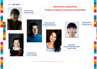 3.2.   Our team
                                                        Administrative Department,
                   Maryna Savina           Freedom of Speech and Access to Information
                  Chief Accountant




                                           Andriy Sydorenko                                       Aksynya Kurina
                                         Development Director                                    Creative Director




                                                                          Alisa Ruban
                                                                  Access to Public Information
                                                                        Program Leader


                      Valentyna Ruda
                     Financial Manager




                                                7
 