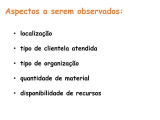 Aspectos a serem observados:
• localização
• tipo de clientela atendida
• tipo de organização
• quantidade de material
• disponibilidade de recursos
 