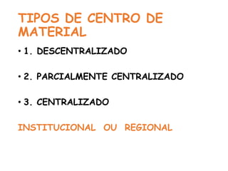 TIPOS DE CENTRO DE
MATERIAL
• 1. DESCENTRALIZADO
• 2. PARCIALMENTE CENTRALIZADO
• 3. CENTRALIZADO
INSTITUCIONAL OU REGIONAL
 