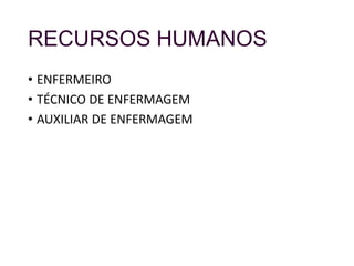 RECURSOS HUMANOS
• ENFERMEIRO
• TÉCNICO DE ENFERMAGEM
• AUXILIAR DE ENFERMAGEM
 