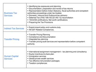 Business Tax
Services
► Identifying tax exposures and planning
► Documentation, preparation and review of tax returns
► Representation before Indian Statutory, fiscal authorities and competent
authorities proceedings under tax treaties
► Domestic, Inbound and Outbound tax advisory
► Deferred Tax (FAS 109/ AS 22/ IAS 12) reconciliation
► 15CA/CB certifications, Net worth certifications
► Preparing the Tax Provisions
Indirect Tax Services
► Export-import policy and customs duty
► All GST Related Compliances.
Transfer Pricing
► Transfer Pricing Planning
► Compliance and Documentation
► Integrated tax planning
► Transfer pricing audit services and representation before competent
authority
Human Capital
Services
► International assignment management – tax planning and consultancy
► Equity incentives & share plan
► Immigration services
► Global private wealth services
► Tax effective remuneration packages
► Taxation compliances
 
