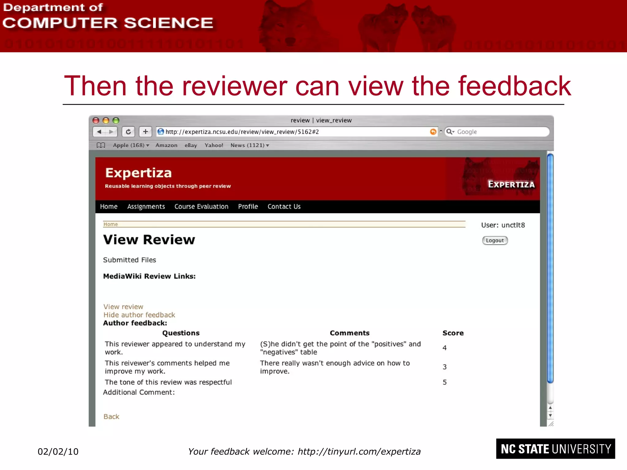Then the reviewer can view the feedback 02/09/10 