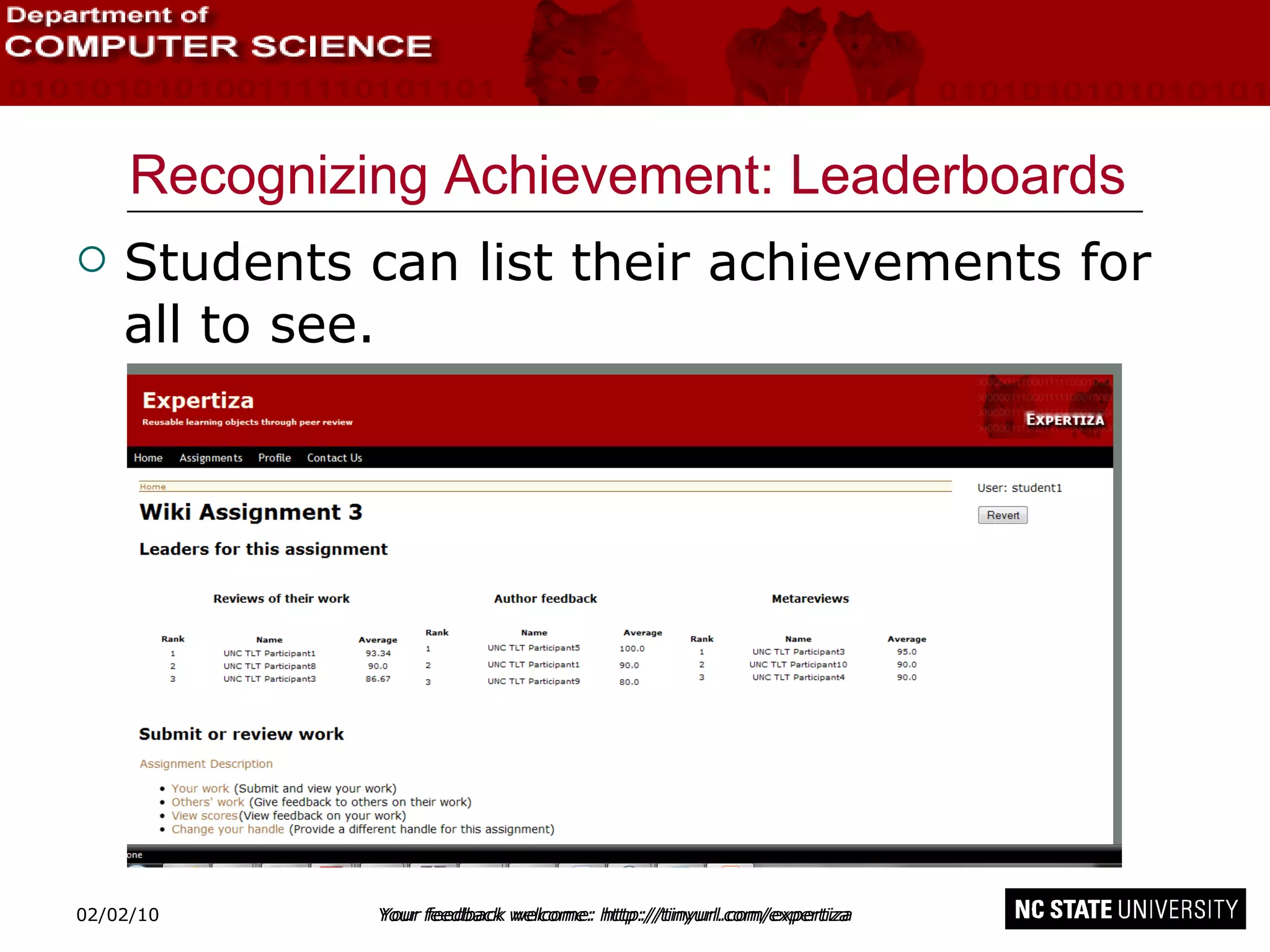 Recognizing Achievement: Leaderboards Students can list their achievements for all to see. 02/09/10 Your feedback welcome: http://tinyurl.com/expertiza 
