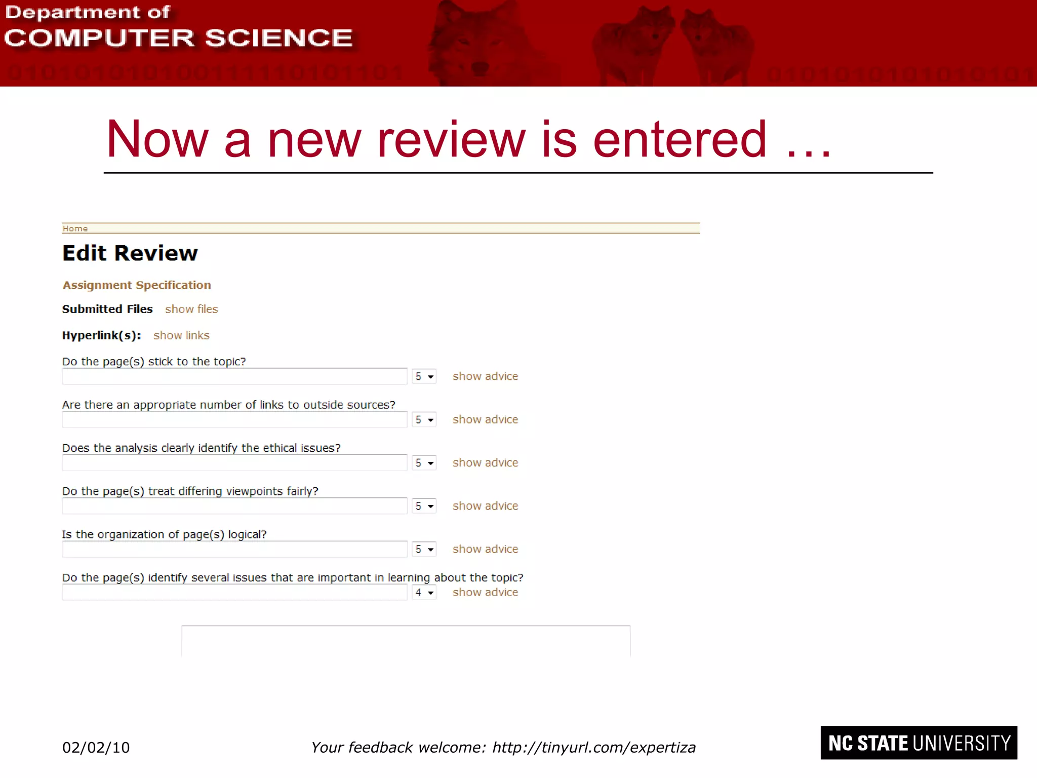 Now a new review is entered … 02/09/10 