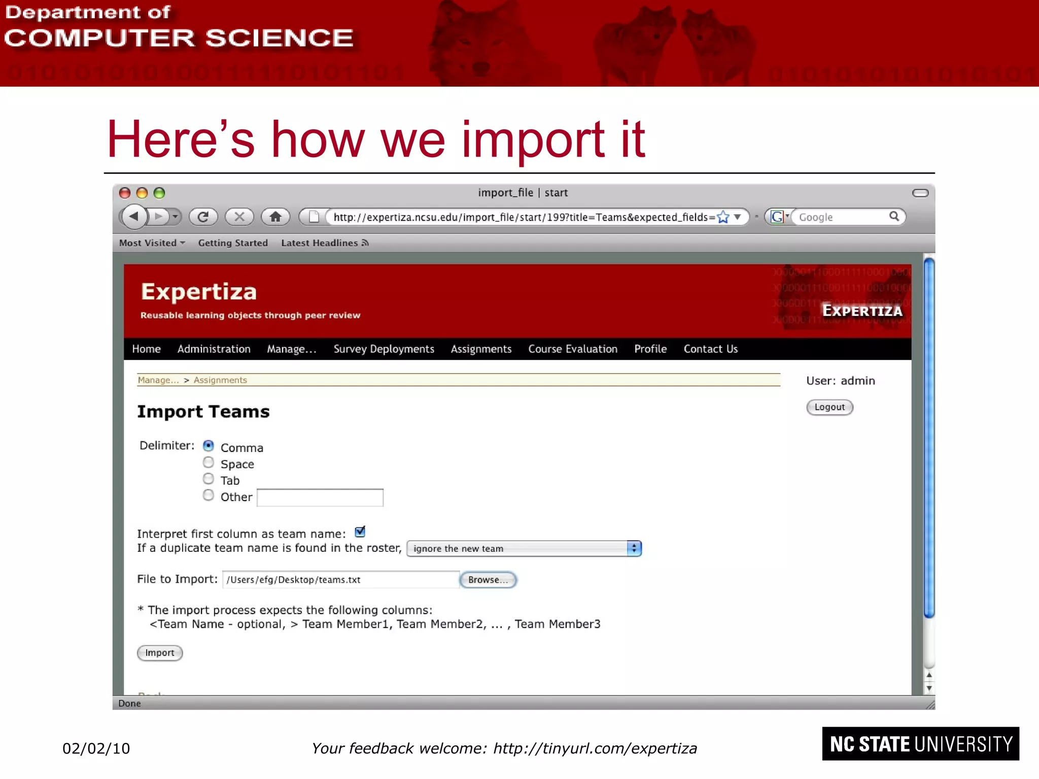 Here’s how we import it 02/09/10 