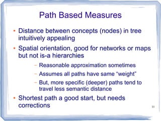 11
Path Based Measures
● Distance between concepts (nodes) in tree
intuitively appealing
● Spatial orientation, good for networks or maps
but not is-a hierarchies
– Reasonable approximation sometimes
– Assumes all paths have same “weight”
– But, more specific (deeper) paths tend to
travel less semantic distance
● Shortest path a good start, but needs
corrections
 