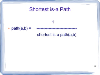 12
Shortest is-a Path
1
● path(a,b) = ------------------------------
shortest is-a path(a,b)
 