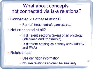 32
What about concepts
not connected via is-a relations?
● Connected via other relations?
– Part-of, treatment-of, causes, etc.
● Not connected at all?
– In different sections (axes) of an ontology
(infections and treatments)
– In different ontologies entirely (SNOMEDCT
and FMA)
● Relatedness!
– Use definition information
– No is-a relations so can't be similarity
 