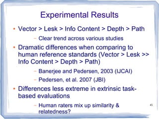 45
Experimental Results
● Vector > Lesk > Info Content > Depth > Path
– Clear trend across various studies
● Dramatic differences when comparing to
human reference standards (Vector > Lesk >>
Info Content > Depth > Path)
– Banerjee and Pedersen, 2003 (IJCAI)
– Pedersen, et al. 2007 (JBI)
● Differences less extreme in extrinsic task-
based evaluations
– Human raters mix up similarity &
relatedness?
 