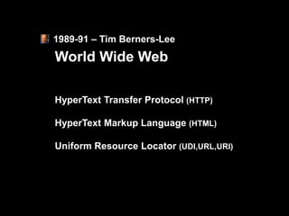 1989-91 – Tim Berners-Lee
World Wide Web

HyperText Transfer Protocol (HTTP)

HyperText Markup Language (HTML)

Uniform Re...