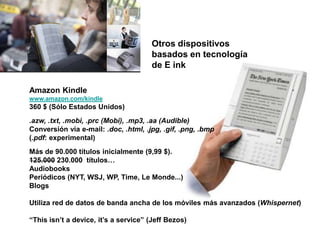 Otros dispositivos basados en tecnología de E Ink o similaresHappyBooksPVI (Taiwan) + Les ÉchosSYLEN (Nemoptics)Papyre 6.1	(Granada, 2008) 350 €	PDF, TXT, DOC, HTML, MP3, 	CHM, ZIP, FB2, imágeneshttp://www.grammata.esFabricantesE Ink (EE.UU.), Bridgestone (Japón), SiPix(Taiwan), Nemoptics(Francia), Kent Displays (EE.UU.), PlasticLogic (GB)Gyricon (Xerox)Cybook Gen3 de Bookeen280 € MobipocketLeqtorInves