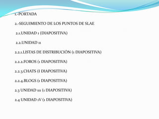 1.-PORTADA

2.-SEGUIMIENTO DE LOS PUNTOS DE SLAE

2.1.UNIDAD 1 (DIAPOSITIVA)

2.2.UNIDAD 11

2.2.1.LISTAS DE DISTRIBUCIÓN (1 DIAPOSITIVA)

2.2.2.FOROS (1 DIAPOSITIVA)

2.2.3.CHATS (I DIAPOSITIVA)

2.2.4.BLOGS (1 DIAPOSITIVA)

2.3 UNIDAD 111 (1 DIAPOSITIVA)

2.4 UNIDAD 1V (1 DIAPOSITIVA)
 