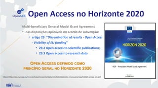 Open Access no Horizonte 2020
OPEN ACCESS DEFINIDO COMO
PRINCÍPIO GERAL NO HORIZONTE 2020
Multi-beneficiary General Model ...
