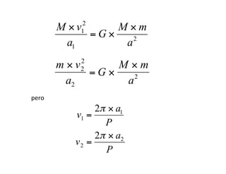 €
m × v2
2
a2
= G ×
M × m
a2
€
M × v1
2
a1
= G ×
M × m
a2
pero
€
v1 =
2π × a1
P
v2 =
2π × a2
P
 