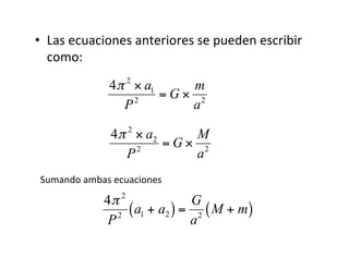 • Las ecuaciones anteriores se pueden escribir
como:
€
4π 2
× a1
P2
= G ×
m
a2
€
4π 2
× a2
P2
= G ×
M
a2
Sumando ambas ecuaciones
4π 2
P2
a1 + a2
( ) =
G
a2
M + m
( )
 