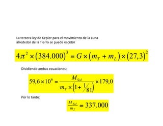 4π 2
× 384.000
( )
3
= G × mT + mL
( )× 27,3
( )
2
La tercera ley de Kepler para el movimiento de la Luna
alrededor de la Tierra se puede escribir
Dividiendo ambas ecuaciones:
€
59,6 ×106
=
MSol
mT × 1+ 1
81
( )
×179,0
Por lo tanto:
M Sol
mT
= 337.000
 