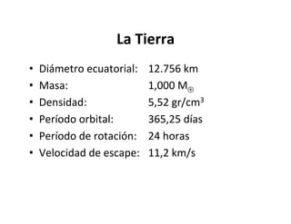 La Tierra
• Diámetro ecuatorial: 12.756 km
• Masa: 1,000 M⊕
• Densidad: 5,52 gr/cm3
• Período orbital: 365,25 días
• Período de rotación: 24 horas
• Velocidad de escape: 11,2 km/s
 