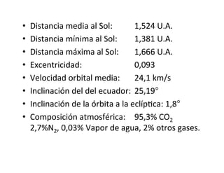 • Distancia media al Sol: 1,524 U.A.
• Distancia mínima al Sol: 1,381 U.A.
• Distancia máxima al Sol: 1,666 U.A.
• Excentricidad: 0,093
• Velocidad orbital media: 24,1 km/s
• Inclinación del del ecuador: 25,19°
• Inclinación de la órbita a la eclípNca: 1,8°
• Composición atmosférica: 95,3% CO2
2,7%N2, 0,03% Vapor de agua, 2% otros gases.
 