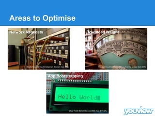Areas to Optimise
App Bootstrapping
LCD Test Bench by xunil96 (CC BY-SA)
Download Weight
The Computing Scale Co by Kenny Louie (CC BY)
Network Requests
Switchboard by christopher_brown (CC BY)
 