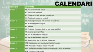 SESSIONS ACTIVITATS
Sessió 1 A1. Full coneixements previs
A2. Introducció del tema
A3. Presentació dels animals invertebrats
A4. Realització esquema conjunt
Sessió 2 A3. Acabar presentació dels animals invertebrats
A4. Acabar esquema conjunt
A5. Kahoot
Sessió 3 A6. Projecció d’imatges: Què és una cadena tròfica?
A7. Inventar cadena tròfica
A8. Joc de les cadenes tròfiques
Sessió 4 A8. Joc de les cadenes tròfiques
A9. Vídeo sobre què és un hotel d’insectes
Sessió 5 A10. Vídeo sobre com construir un hotel d’insectes
A11. Projecció d’imatges: hotels d’insectes
Sessió 6 A13. Planificació sobre la construcció de l’hotel i recull de material
A14. Construcció de l’hotel
 