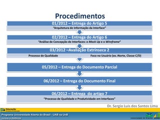 Procedimentos
                01/2012 – Entrega do Artigo 5
                 “Arquitetura de Informação da Interface”


                02/2012 – Entrega do Artigo 6
      “Análise de Concepção de Interfaces: o Mock Up e o Wireframe”

               03/2012 –Avaliação Extrínseca 2
Processo de Qualidade                        Foco no Usuário (ex.:Norte, Classe C/D)


         05/2012 – Entrega do Documento Parcial


          06/2012 – Entrega do Documento Final

                06/2012 – Entrega do artigo 7
          “Processo de Qualidade e Produtividade em Interfaces”

                                                            Dr. Sergio Luis dos Santos Lima
 