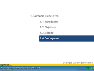 1. Sumário Executivo

                                       1.1 Introdução

                                       1.2 Objetivos

                                       1.3 Método

                                       1.4 Cronograma




                                                        Dr. Sergio Luis dos Santos Lima

Dr. Eng. Sergio Luis dos Santos Lima
 