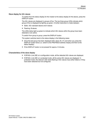 Master
6.2 Routers
AS-Interface system
System Manual, 11/2008, 3RK2703-3BB02-1AA1 107
Slave display for AS-i slaves
To switch from the status display for the master to the status display for the slaves, press the
DISPLAY button.
The AS-i slaves are displayed in groups of five. The top three group LEDs indicate which
group of five is displayed by lighting up green. A further distinction is made between:
● Static: AS-i standard slaves and A slaves
● Flashing: B slaves
The LEDs below light up green to indicate which AS-i slaves within the group have been
detected or are active.
To switch from group to group, press the DISPLAY button.
The system switches back to the status display in the following cases:
● Once the last group has been displayed (AS-i slave 30, 31) and when you press the
DISPLAY button twice (i.e. switch to the PROFIBUS address display and then to the
status display).
● If the DISPLAY button is not pressed for approx. 8 minutes.
Characteristics of the slave display
● If DP/AS-i Link 20E is in configuration mode, all the detected AS-i slaves are displayed.
● If DP/AS-i Link 20E is in protected mode, all the active AS-i slaves are displayed. In
protected mode, the relevant LED starts flashing if AS-i slaves have either failed or if they
have been detected but not configured.
 