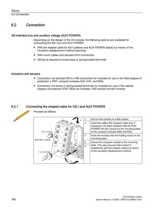 Slaves
8.2 Connection
AS-Interface system
166 System Manual, 11/2008, 3RK2703-3BB02-1AA1
8.2 Connection
AS-Interface bus and auxiliary voltage (AUX POWER)
Depending on the design of the I/O module, the following options are available for
connecting the AS-i bus and AUX POWER.
● With the shaped cable for AS-i (yellow) and AUX POWER (black) by means of the
insulation displacement method (piercing)
● With round cables and standard M12 connectors
● Wiring as required to screw-type or spring-loaded terminals
Actuators and sensors
● Connection via standard M12 or M8 connectors for modules for use in the field (degree of
protection ≥ IP67, compact modules K20, K45, and K60).
● Connection via screw or spring-loaded terminals for modules for use in the cabinet
(degree of protection IP20, SlimLine modules, F90 module and flat module)
8.2.1 Connecting the shaped cable for AS-i and AUX POWER
Proceed as follows:
1 Secure the module on a flat surface.
2 Insert the yellow AS-i shaped cable and, if
necessary, the black shaped cable for AUX
POWER into the cutouts on the mounting plate
of the compact modules (K60 and K45).
3 Hook the module onto the holding studs on the
mounting plate.
4
5
Secure the compact module to the mounting
plate. This also ensures that contact is
established with the shaped cables by means
of the insulation displacement method.
 