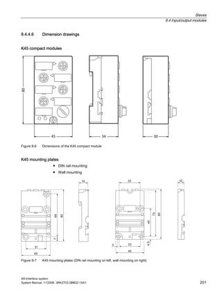 Slaves
8.4 Input/output modules
AS-Interface system
System Manual, 11/2008, 3RK2703-3BB02-1AA1 201
8.4.4.6 Dimension drawings
K45 compact modules
303445
80
Figure 8-6 Dimensions of the K45 compact module
K45 mounting plates
● DIN rail mounting:
● Wall mounting
Figure 8-7 K45 mounting plates (DIN rail mounting on left, wall mounting on right)
 