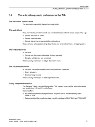Introduction
1.4 The automation pyramid and deployment of AS-i
AS-Interface system
System Manual, 11/2008, 3RK2703-3BB02-1AA1 21
1.4 The automation pyramid and deployment of AS-i
The automation pyramid levels
The automation pyramid is divided into three levels.
The control level
Here, individual automation islands are connected to each other to create larger units, e.g.:
● Several machines in a hall
● Several halls in a plant
● Several plants in a company at different locations
Data exchange takes place in large data blocks and is not critical from a time perspective.
The field control level
At this level:
● Central and distributed automation devices are used
● Complex field devices are connected
Data is usually exchanged on a byte-dependent basis.
The actuator/sensor level
At this level, the most commonly-used components are connected:
● Binary actuators
● Simple analog devices
Data is usually exchanged on a bit-dependent basis.
Totally Integrated Automation
The Siemens Totally Integrated Automation (TIA) concept covers all the automation levels
and is optimized in line with the interfaces.
Siemens offers:
● AS-Interface communication processors (CP) that can be installed directly in the
SIMATIC rack
● Gateways (links) for transferring data from AS-Interface to PROFIBUS and PROFINET
 