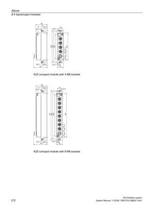 Slaves
8.4 Input/output modules
AS-Interface system
212 System Manual, 11/2008, 3RK2703-3BB02-1AA1
K20 compact module with 4 M8 sockets
K20 compact module with 8 M8 sockets
 