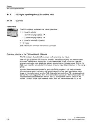 Slaves
8.4 Input/output modules
AS-Interface system
250 System Manual, 11/2008, 3RK2703-3BB02-1AA1
8.4.8 F90 digital input/output module - cabinet IP20
8.4.8.1 Overview
F90 module
The F90 module is available in the following versions:
● 4 inputs / 4 outputs
– Current-carrying capacity 1 A
– Current-carrying capacity 2 A
● 4 inputs / 4 outputs 2 A, floating
● 16 inputs
With either screw terminals or Combicon connector.
Operating principle of the F90 module with 16 inputs
The 16 inputs are divided into four groups each comprising four inputs.
Only one group at a time can be active. The PLC activates each group one after the other
and reads the four items of input data to the process image for the inputs (PII). The user
program assigns the input data to the relevant groups, that is, the output image (POI) of the
PLC must match the set output on the module otherwise input data will be read by the wrong
group.
If the AS-Interface transfer procedure is not functioning properly, it can take up to three
AS-Interface cycles (15 ms) before the output image (OI) of the slave matches the output
image of the master and, in turn, the PLC. It can also take up to three AS-Interface cycles to
transfer the input image of the slave. If more than three consecutive AS-Interface cycles are
required to send telegrams to the relevant slave, a "configuration error" is output on the
master. The input image in the master is set to "zero" and the error bit in the PLC is set.
 