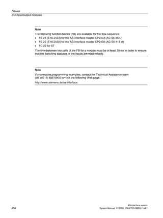 Slaves
8.4 Input/output modules
AS-Interface system
252 System Manual, 11/2008, 3RK2703-3BB02-1AA1
Note
The following function blocks (FB) are available for the flow sequence:
• FB 21 (E16-2433) for the AS-Interface master CP2433 (AG S5-95 U)
• FB 22 (E16-2430) for the AS-Interface master CP2430 (AG S5-115 U)
• FC 22 for S7
The time between two calls of the FB for a module must be at least 30 ms in order to ensure
that the switching statuses of the inputs are read reliably.
Note
If you require programming examples, contact the Technical Assistance team
(tel. (0911) 895-5900) or visit the following Web page:
http://www.siemens.de/as-interface
 