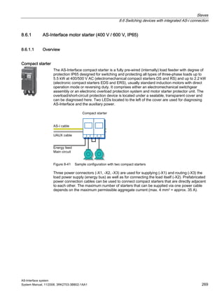 Slaves
8.6 Switching devices with integrated AS-i connection
AS-Interface system
System Manual, 11/2008, 3RK2703-3BB02-1AA1 269
8.6.1 AS-Interface motor starter (400 V / 600 V, IP65)
8.6.1.1 Overview
Compact starter
The AS-Interface compact starter is a fully pre-wired (internally) load feeder with degree of
protection IP65 designed for switching and protecting all types of three-phase loads up to
5.5 kW at 400/500 V AC (electromechanical compact starters DS and RS) and up to 2.2 kW
(electronic compact starters EDS and ERS), usually standard induction motors with direct
operation mode or reversing duty. It comprises either an electromechanical switchgear
assembly or an electronic overload protection system and motor starter protector unit. The
overload/short-circuit protection device is located under a sealable, transparent cover and
can be diagnosed here. Two LEDs located to the left of the cover are used for diagnosing
AS-Interface and the auxiliary power.
Figure 8-41 Sample configuration with two compact starters
Three power connectors (-X1, -X2, -X3) are used for supplying (-X1) and routing (-X3) the
load power supply (energy bus) as well as for connecting the load itself (-X2). Prefabricated
power connection cables can be used to connect compact starters that are directly adjacent
to each other. The maximum number of starters that can be supplied via one power cable
depends on the maximum permissible aggregate current (max. 4 mm2 = approx. 35 A).
 