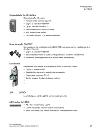 Product portfolio
2.5 LOGO!
AS-Interface system
System Manual, 11/2008, 3RK2703-3BB02-1AA1 27
Compact starter for AS-Interface
Motor starters for AC motors
● No local control cabinets required
● Degree of protection IP65/IP67
● Up to 5.5 kW for 400/500 V AC
● Electromechanical or electronic design
● With optional brake contact
● Hand-held device for local operation available
Motor starters for ECOFAST
Saving space in the control cabinet: the ECOFAST motor starter can be installed near to or
directly on the motor.
● Degree of protection IP65/IP67
● Standardized connector to ECOFAST® specifications (conforms with DESINA)
● Mechanical switching function or as reverse starter with soft start
Load feeders
Prefabricated load feeders facilitate wiring activities in the control cabinet.
● Degree of protection IP20
● Available fully pre-wired or as individual components
● Power range up to max. 7.5 kW
● Can be snapped directly onto busbar systems
●
●
2.5 LOGO!
Local intelligence with the LOGO! communications module
AS-i interface for LOGO!
● AS-i slave for connecting LOGO!
● LOGO! I/Os can be extended by four inputs/outputs
● Small local control units with an interface to a central controller via AS-i
 